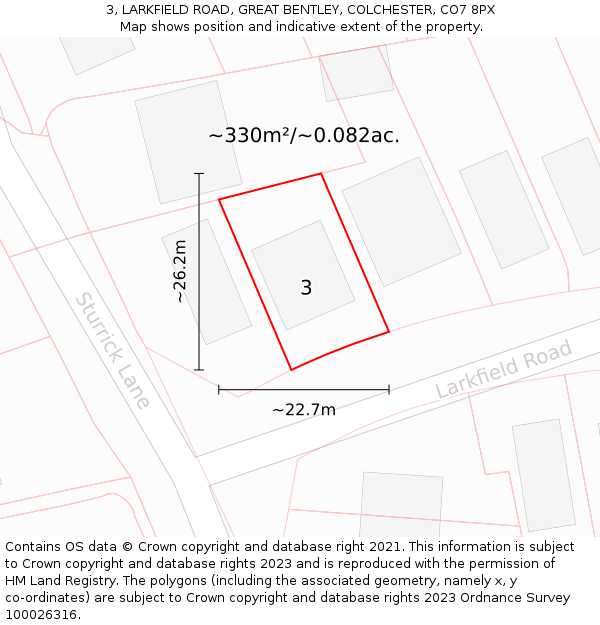 3, LARKFIELD ROAD, GREAT BENTLEY, COLCHESTER, CO7 8PX: Plot and title map