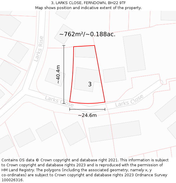 3, LARKS CLOSE, FERNDOWN, BH22 9TF: Plot and title map