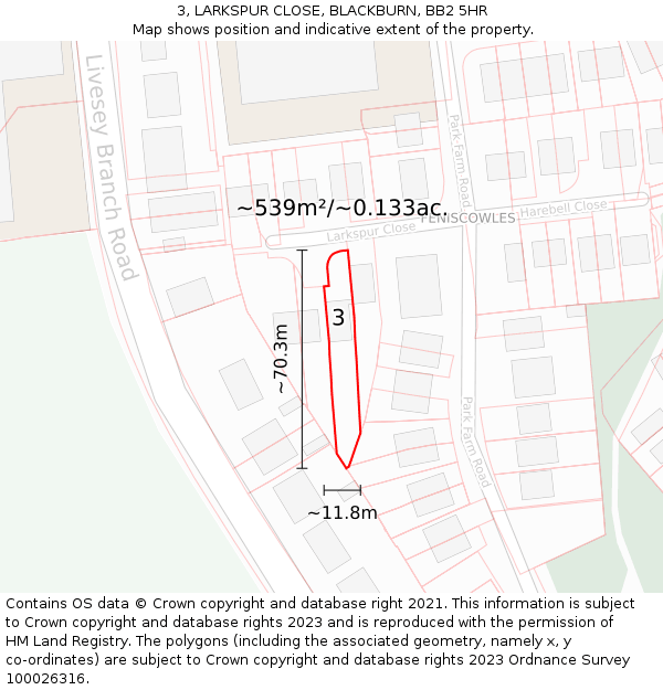 3, LARKSPUR CLOSE, BLACKBURN, BB2 5HR: Plot and title map