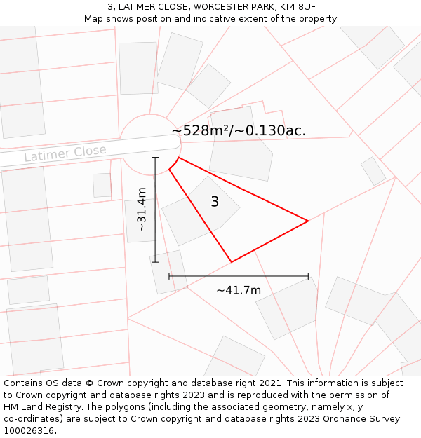 3, LATIMER CLOSE, WORCESTER PARK, KT4 8UF: Plot and title map