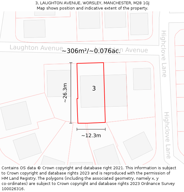 3, LAUGHTON AVENUE, WORSLEY, MANCHESTER, M28 1GJ: Plot and title map