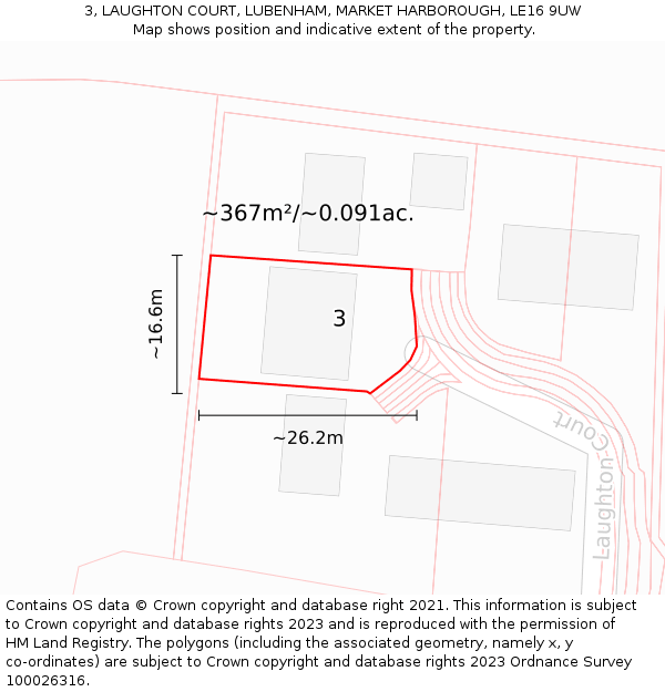 3, LAUGHTON COURT, LUBENHAM, MARKET HARBOROUGH, LE16 9UW: Plot and title map