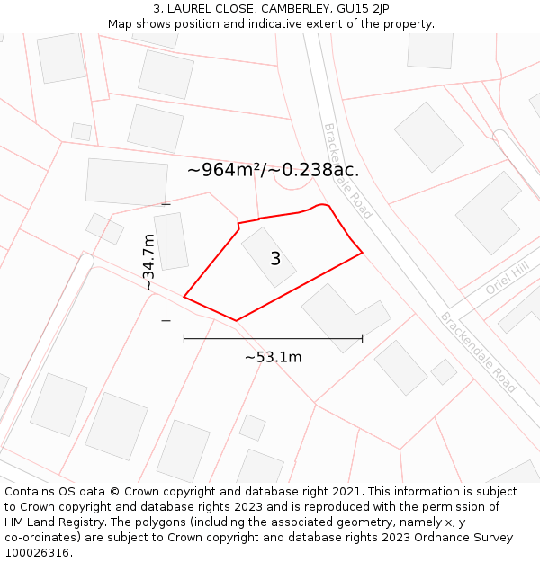 3, LAUREL CLOSE, CAMBERLEY, GU15 2JP: Plot and title map