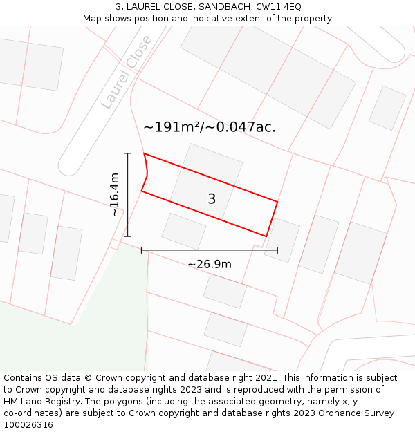 3, LAUREL CLOSE, SANDBACH, CW11 4EQ: Plot and title map