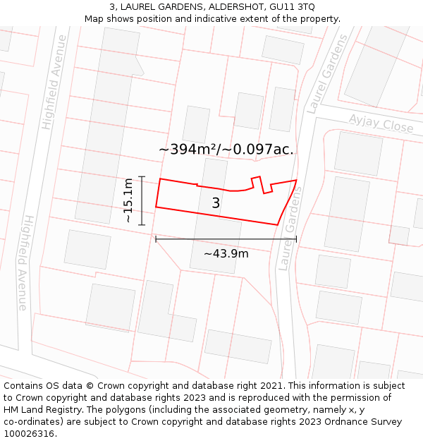 3, LAUREL GARDENS, ALDERSHOT, GU11 3TQ: Plot and title map