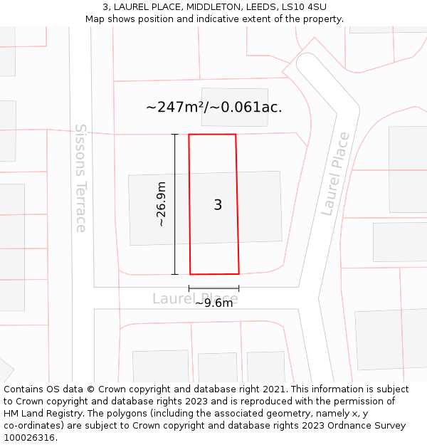 3, LAUREL PLACE, MIDDLETON, LEEDS, LS10 4SU: Plot and title map