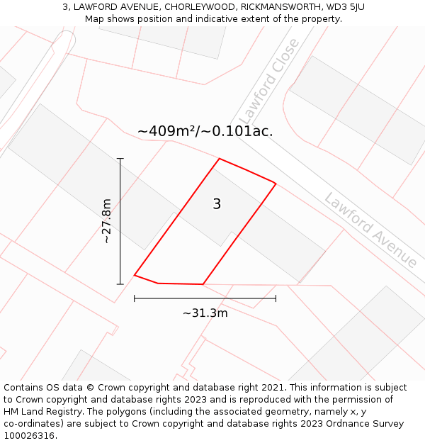 3, LAWFORD AVENUE, CHORLEYWOOD, RICKMANSWORTH, WD3 5JU: Plot and title map