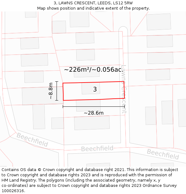 3, LAWNS CRESCENT, LEEDS, LS12 5RW: Plot and title map