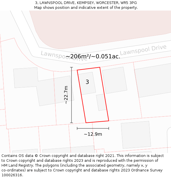 3, LAWNSPOOL DRIVE, KEMPSEY, WORCESTER, WR5 3PG: Plot and title map