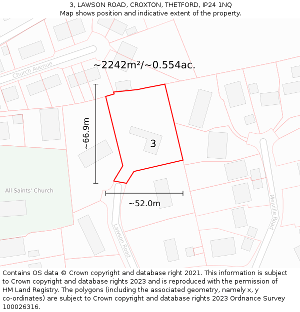 3, LAWSON ROAD, CROXTON, THETFORD, IP24 1NQ: Plot and title map