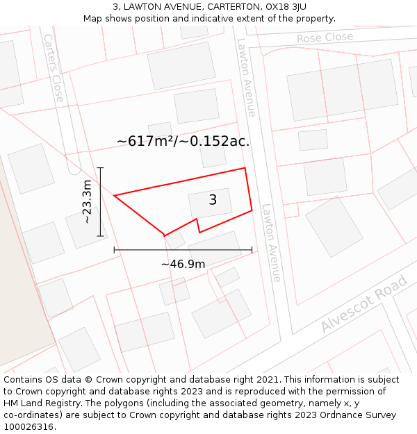 3, LAWTON AVENUE, CARTERTON, OX18 3JU: Plot and title map