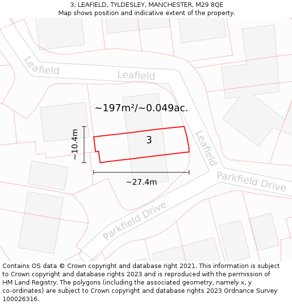 3, LEAFIELD, TYLDESLEY, MANCHESTER, M29 8QE: Plot and title map