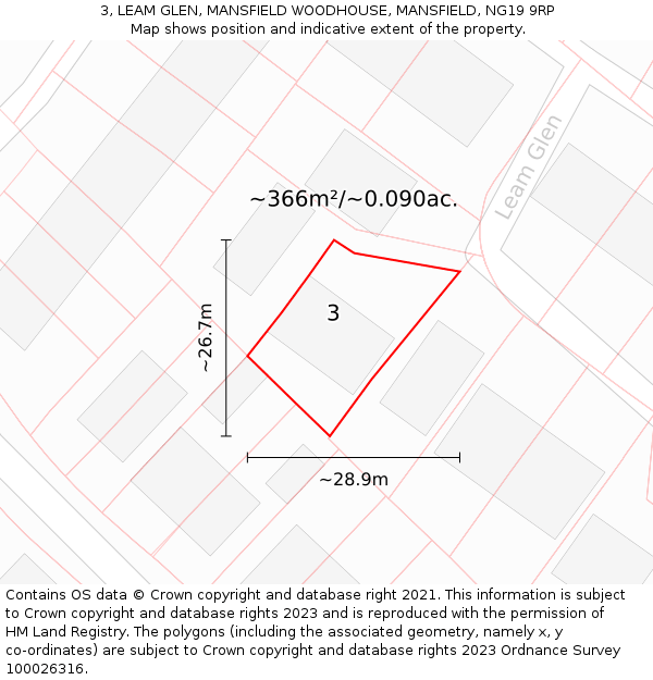 3, LEAM GLEN, MANSFIELD WOODHOUSE, MANSFIELD, NG19 9RP: Plot and title map