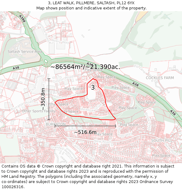 3, LEAT WALK, PILLMERE, SALTASH, PL12 6YX: Plot and title map