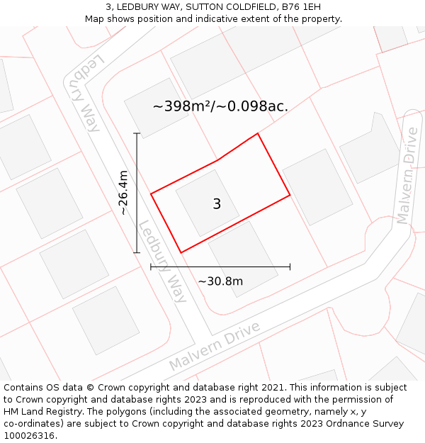 3, LEDBURY WAY, SUTTON COLDFIELD, B76 1EH: Plot and title map