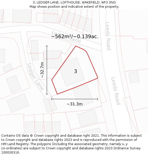 3, LEDGER LANE, LOFTHOUSE, WAKEFIELD, WF3 3NG: Plot and title map