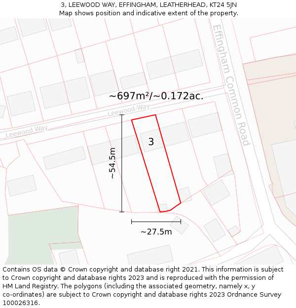 3, LEEWOOD WAY, EFFINGHAM, LEATHERHEAD, KT24 5JN: Plot and title map