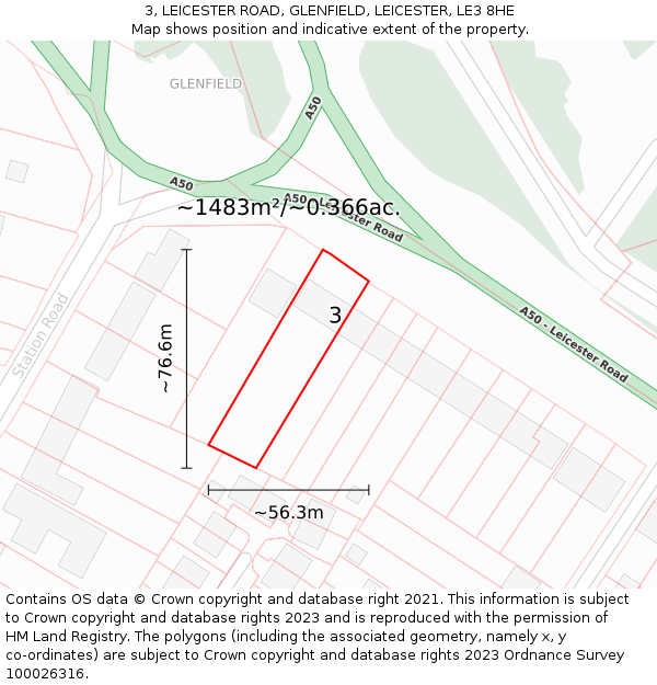 3, LEICESTER ROAD, GLENFIELD, LEICESTER, LE3 8HE: Plot and title map