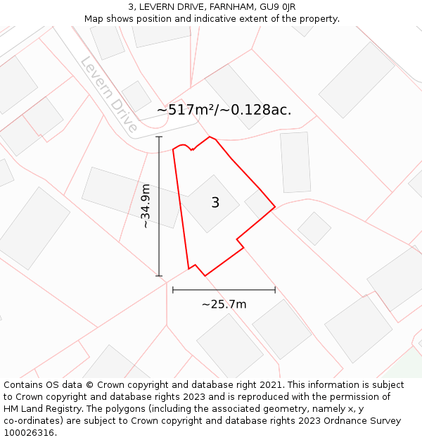 3, LEVERN DRIVE, FARNHAM, GU9 0JR: Plot and title map