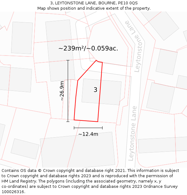 3, LEYTONSTONE LANE, BOURNE, PE10 0QS: Plot and title map