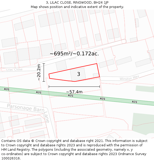 3, LILAC CLOSE, RINGWOOD, BH24 1JP: Plot and title map