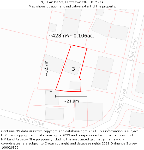 3, LILAC DRIVE, LUTTERWORTH, LE17 4FP: Plot and title map