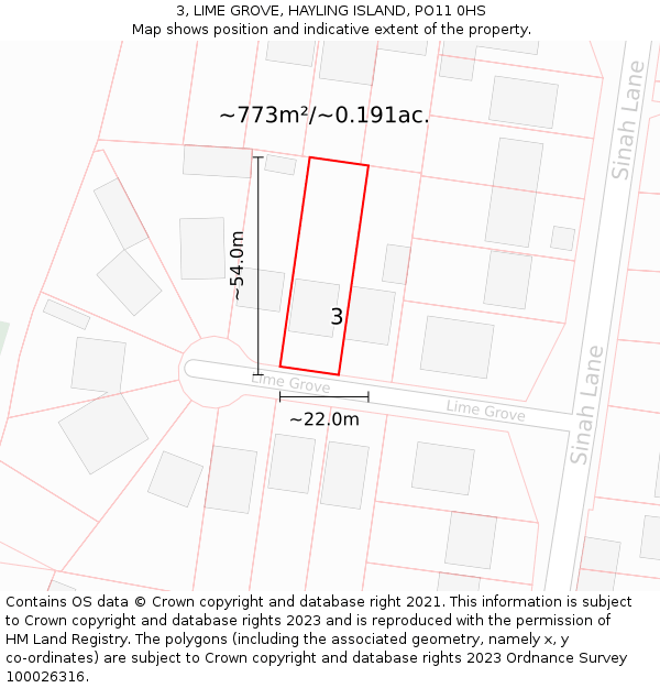 3, LIME GROVE, HAYLING ISLAND, PO11 0HS: Plot and title map