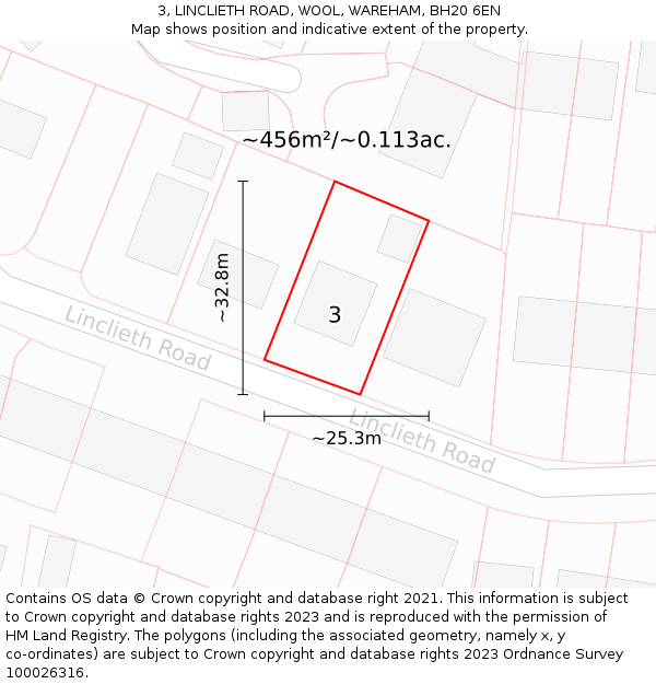 3, LINCLIETH ROAD, WOOL, WAREHAM, BH20 6EN: Plot and title map