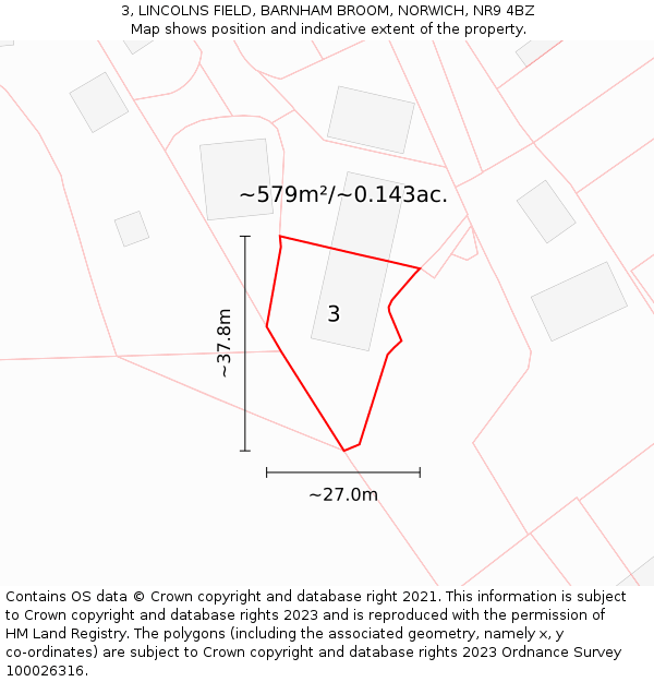 3, LINCOLNS FIELD, BARNHAM BROOM, NORWICH, NR9 4BZ: Plot and title map