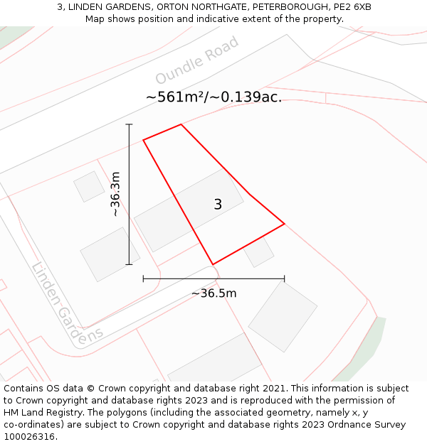 3, LINDEN GARDENS, ORTON NORTHGATE, PETERBOROUGH, PE2 6XB: Plot and title map