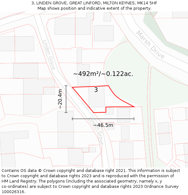 3, LINDEN GROVE, GREAT LINFORD, MILTON KEYNES, MK14 5HF: Plot and title map