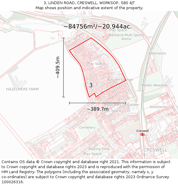 3, LINDEN ROAD, CRESWELL, WORKSOP, S80 4JT: Plot and title map