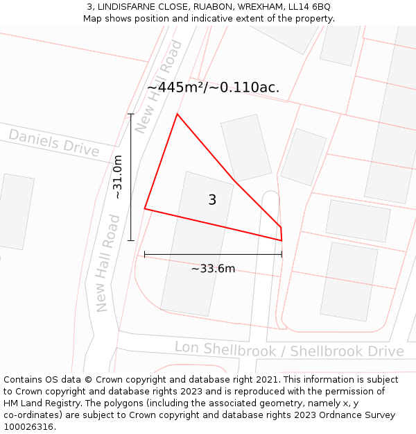 3, LINDISFARNE CLOSE, RUABON, WREXHAM, LL14 6BQ: Plot and title map