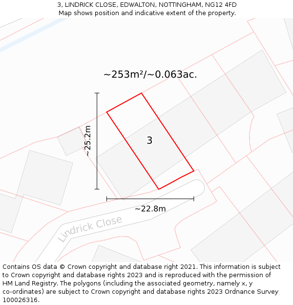 3, LINDRICK CLOSE, EDWALTON, NOTTINGHAM, NG12 4FD: Plot and title map