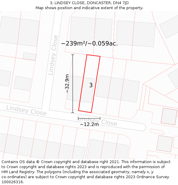 3, LINDSEY CLOSE, DONCASTER, DN4 7JD: Plot and title map