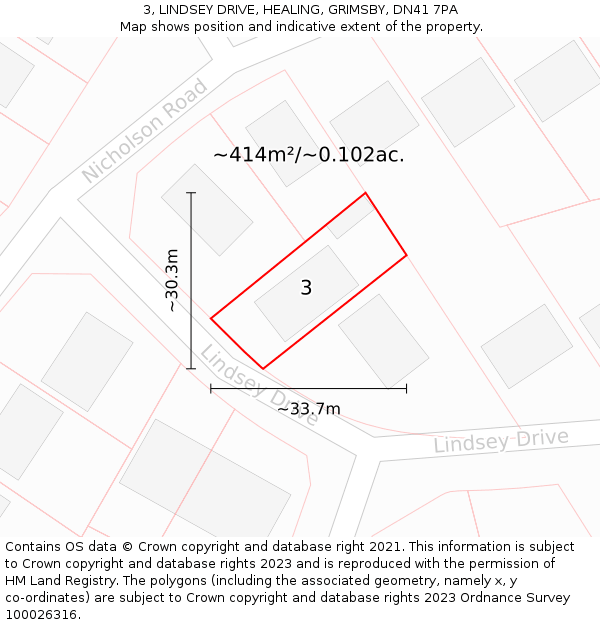 3, LINDSEY DRIVE, HEALING, GRIMSBY, DN41 7PA: Plot and title map