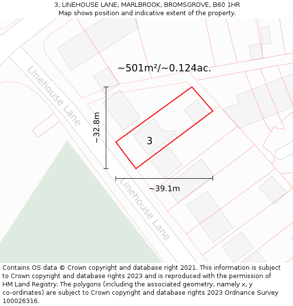 3, LINEHOUSE LANE, MARLBROOK, BROMSGROVE, B60 1HR: Plot and title map