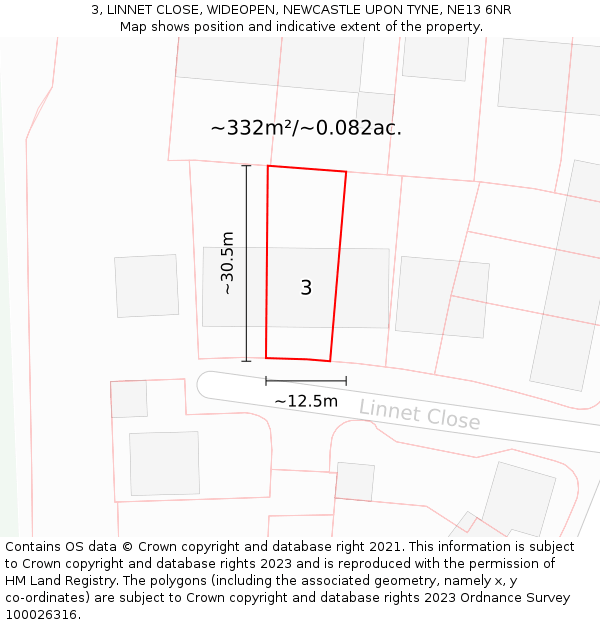 3, LINNET CLOSE, WIDEOPEN, NEWCASTLE UPON TYNE, NE13 6NR: Plot and title map