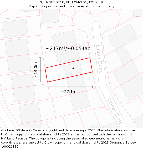 3, LINNET DENE, CULLOMPTON, EX15 1UF: Plot and title map