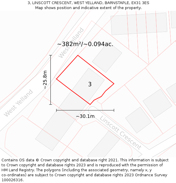 3, LINSCOTT CRESCENT, WEST YELLAND, BARNSTAPLE, EX31 3ES: Plot and title map