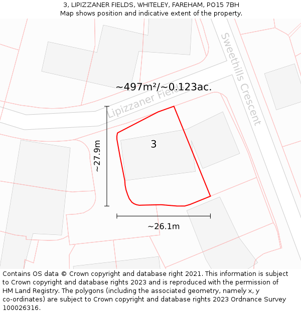 3, LIPIZZANER FIELDS, WHITELEY, FAREHAM, PO15 7BH: Plot and title map