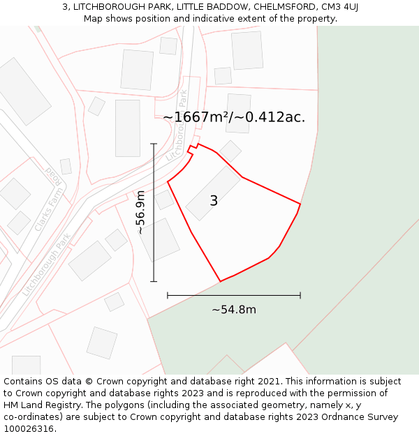 3, LITCHBOROUGH PARK, LITTLE BADDOW, CHELMSFORD, CM3 4UJ: Plot and title map