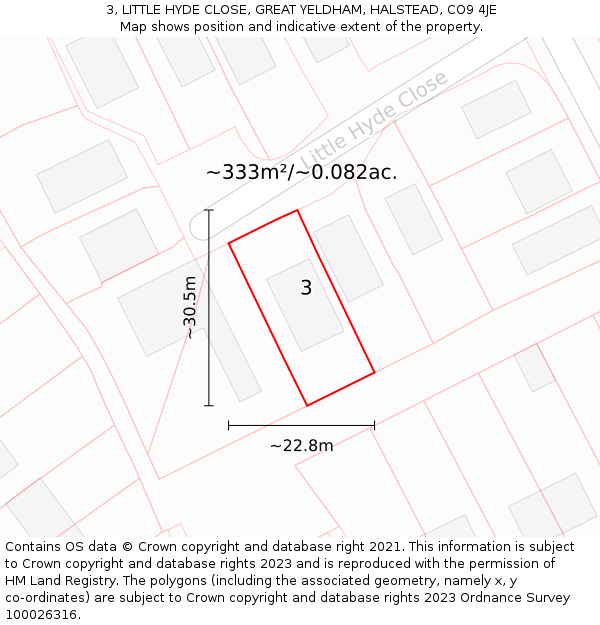 3, LITTLE HYDE CLOSE, GREAT YELDHAM, HALSTEAD, CO9 4JE: Plot and title map