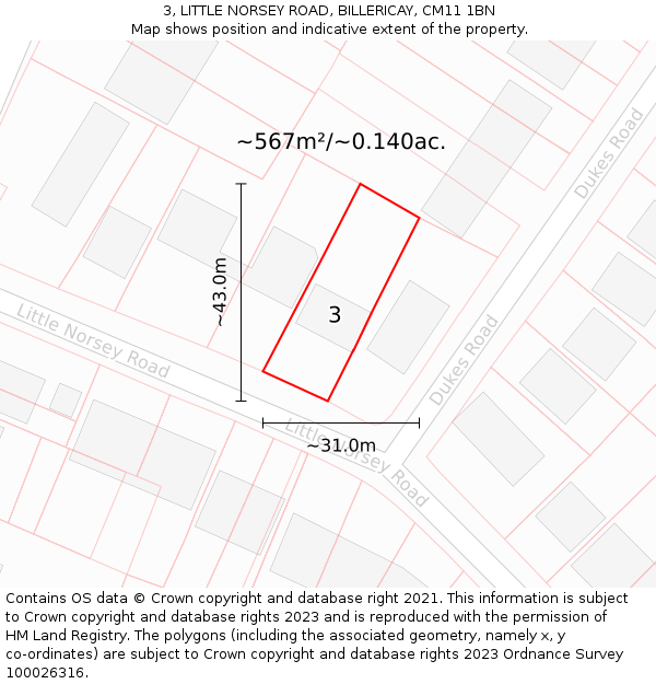 3, LITTLE NORSEY ROAD, BILLERICAY, CM11 1BN: Plot and title map