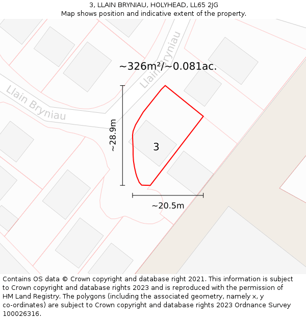 3, LLAIN BRYNIAU, HOLYHEAD, LL65 2JG: Plot and title map