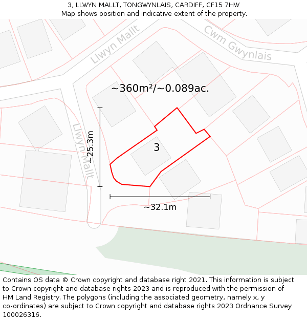 3, LLWYN MALLT, TONGWYNLAIS, CARDIFF, CF15 7HW: Plot and title map