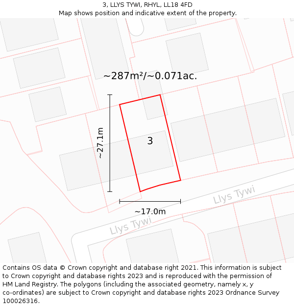 3, LLYS TYWI, RHYL, LL18 4FD: Plot and title map