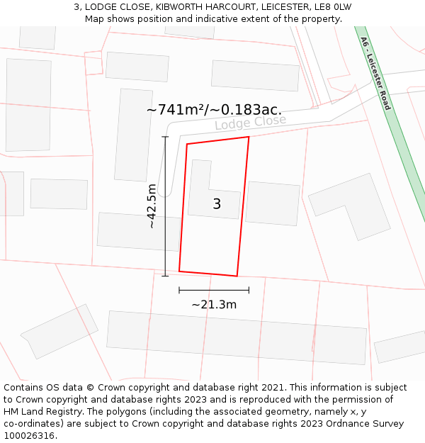 3, LODGE CLOSE, KIBWORTH HARCOURT, LEICESTER, LE8 0LW: Plot and title map