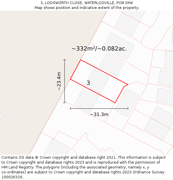 3, LODSWORTH CLOSE, WATERLOOVILLE, PO8 0XW: Plot and title map