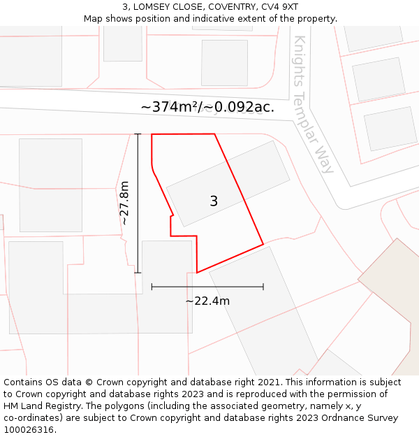 3, LOMSEY CLOSE, COVENTRY, CV4 9XT: Plot and title map